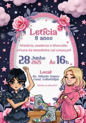 Convite Aniversário Wandinha e Enid para Editar Online