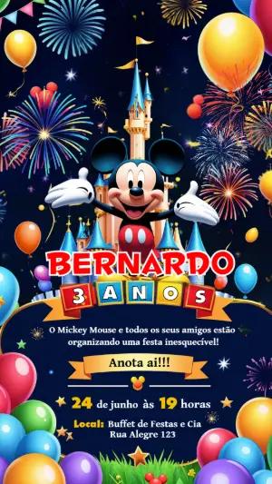 Convite Digital Festa do Mickey com Fogos de Artifício Editável