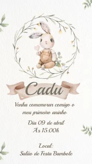 Convite de Aniversário 1 Ano Coelhinho Aquarela Editável