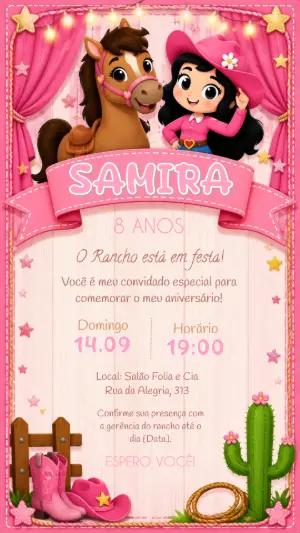 Convite Digital Aniversário Boiadeira Rosa para Editar Online
