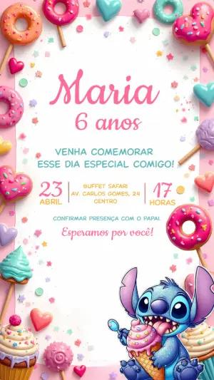 Convite Aniversário Stitch Doces para Editar Online