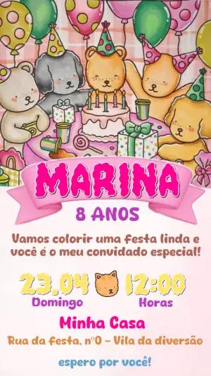 Convite de Aniversário Fofo Ursinhos e Amigos para Editar