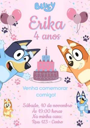 Convite de Aniversário Bluey e Bingo Rosa Modelo Editável