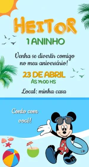 Convite de Aniversário Mickey Praia Verão Editável