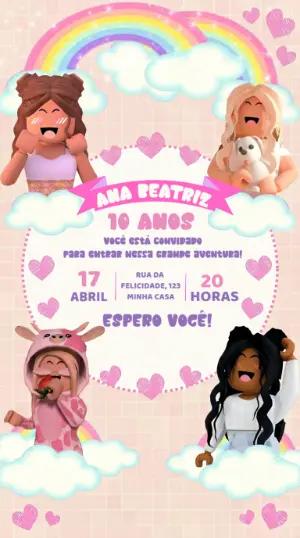 Convite de Aniversário Roblox Menina Rosa Editável