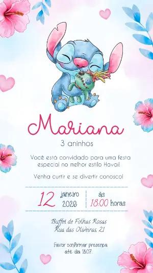 Convite de Aniversário Stitch Havaiano Aquarela para Editar