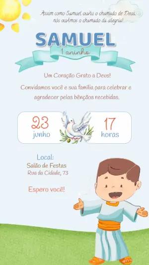 Convite de Aniversário Infantil Bíblico Samuel Modelo Editável