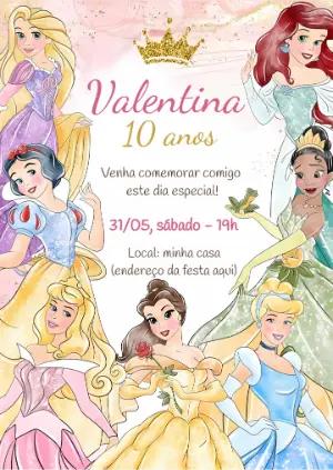 Convite Aniversário Princesas Disney Aquarela para Editar Online