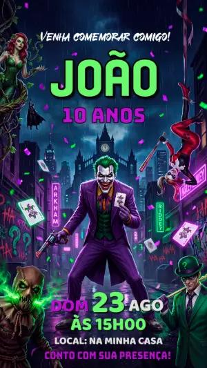 Convite de Aniversário Coringa e Vilões DC Editável