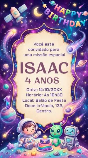 Convite de Aniversário Infantil Astronauta na Galáxia Editável