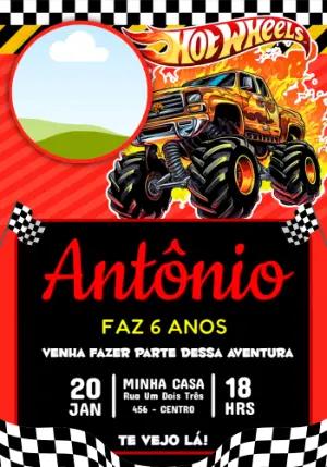 Convite de Aniversário Hot Wheels Monster Truck para Editar
