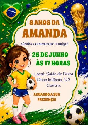 Convite de Aniversário Futebol Brasil Menina Modelo Editável