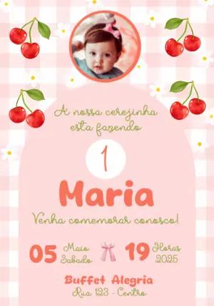 Convite de Aniversário Cerejinha com Foto para Editar Online