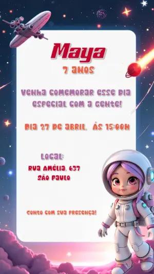 Convite de Aniversário Astronauta Menina para Editar Online