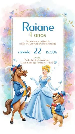 Convite Aniversário Cinderela com Personagens para Editar Online