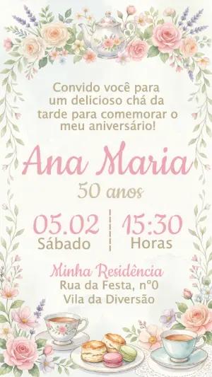 Convite de Aniversário Chá da Tarde Floral Aquarela Editável