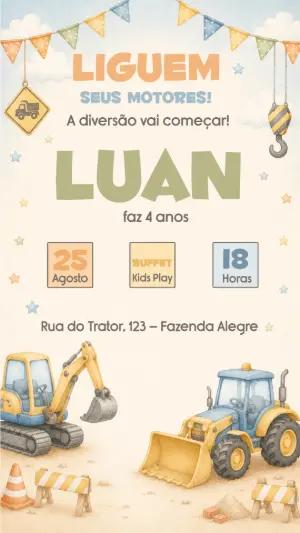 Convite de Aniversário Trator Aquarela Modelo Editável