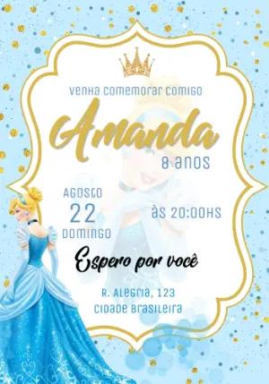 Convite de Aniversário Cinderela Princesa Azul e Dourado Editável