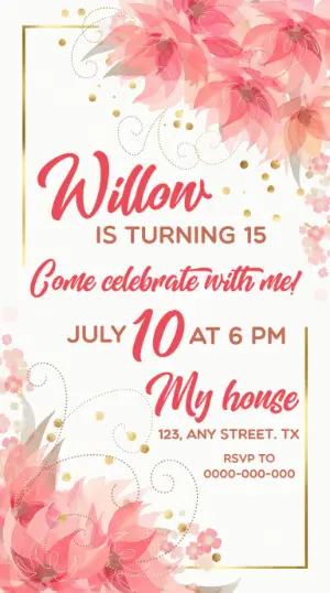 Elegant Pink & Gold Floral Birthday Invitation Template