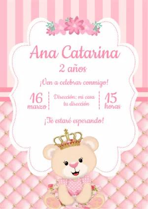 Invitación de Cumpleaños Osita Princesa Rosa para Editar