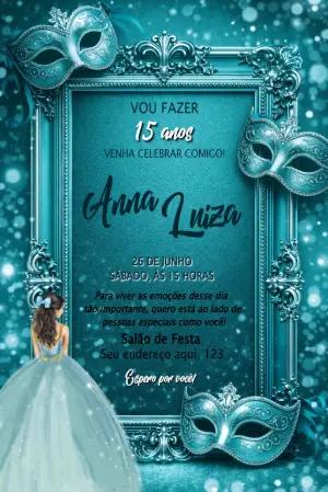 Convite 15 Anos Baile de Máscaras Azul Elegante para Editar
