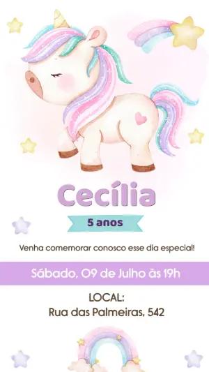 Convite de Aniversário Unicórnio Aquarela Fofo para Editar