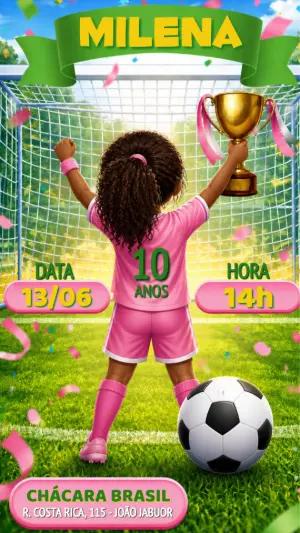 Convite de Aniversário Futebol Menina Negra Editável