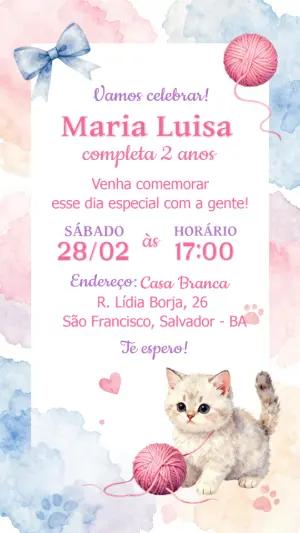 Convite de Aniversário Gatinho Aquarela para Editar