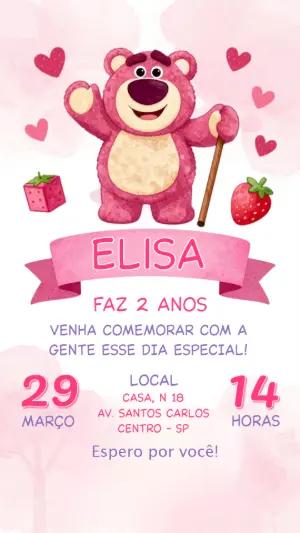 Convite de Aniversário Ursinho Lotso Rosa Editável