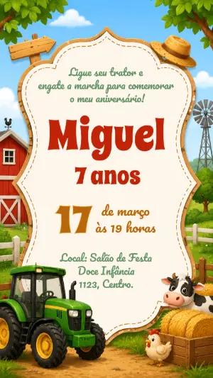 Convite de Aniversário Fazendinha com Trator Verde Editável