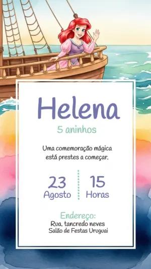 Convite de Aniversário Princesa Ariel Aquarela para Editar
