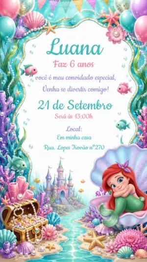 Convite de Aniversário Pequena Sereia Ariel Editável