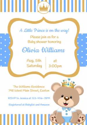 Prince Teddy Bear Baby Shower Invitation Editable Template