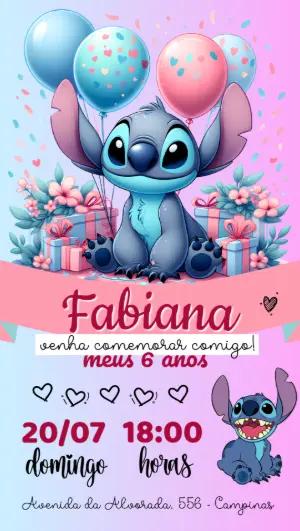 Convite de Aniversário Stitch com Balões para Editar Online