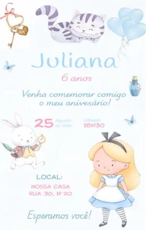 Convite Aniversário Alice no País das Maravilhas Aquarela Editável