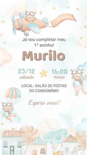Convite de Aniversário Ursinho Aviador Aquarela para Editar