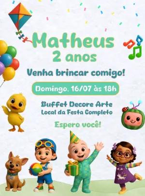 Convite Aniversário Cocomelon com Personagens para Editar Online