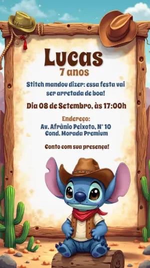 Convite de Aniversário Stitch Cowboy para Editar Online