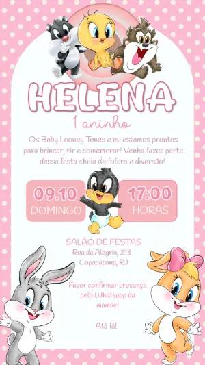Convite Aniversário Baby Looney Tunes para Editar Online