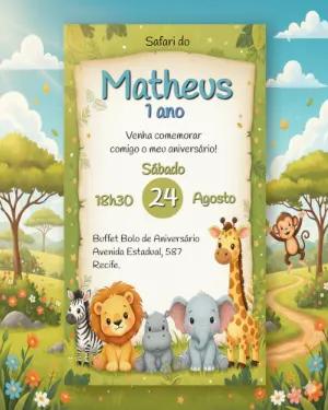 Convite Digital Infantil Tema Safari com Animais Editável