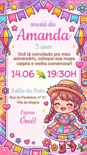 Convite Festa Junina Menina Aniversário Infantil Editável