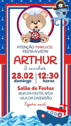 Convite de Aniversário Ursinho Marinheiro Editável