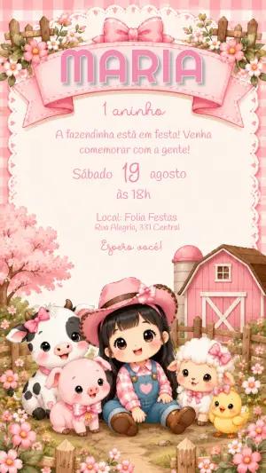 Convite Digital Aniversário Fazendinha Rosa para Editar
