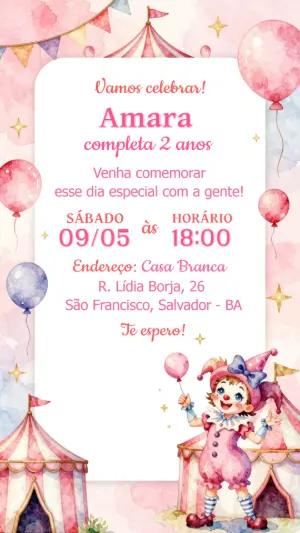Convite de Aniversário Circo Rosa Aquarela para Editar