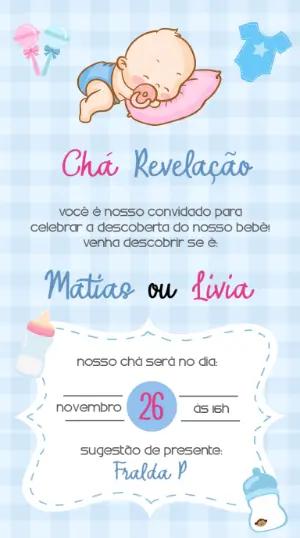 Convite Chá Revelação Bebê Fofo Azul e Rosa para Editar