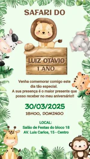 Convite Animado Aniversário Safari com Animais para Editar Online