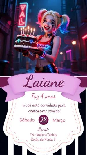 Convite de Aniversário Arlequina Moderno para Editar