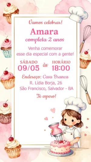 Convite de Aniversário Infantil Confeitaria Rosa Editável