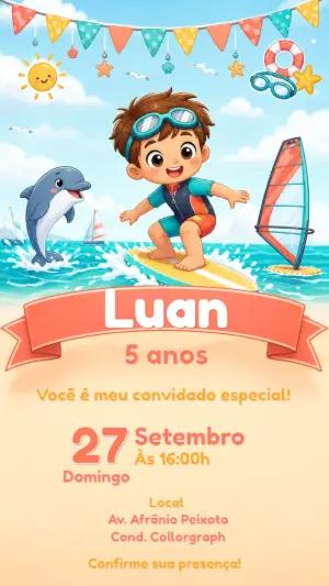 Convite de Aniversário Infantil Surf e Praia para Editar
