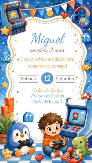 Convite Digital Aniversário Infantil Tema Videogame Editável